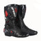 Bottes moto sportives Speed noires rouges en cuir, renforts articulés et sliders.