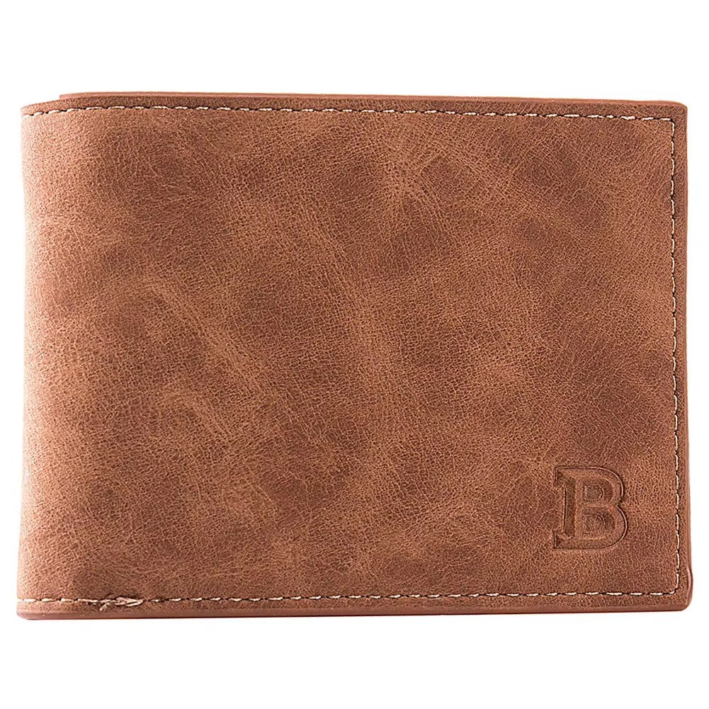 portefeuille homme pas cher en cuir marron clair avec couture apparente et initiale B embossée