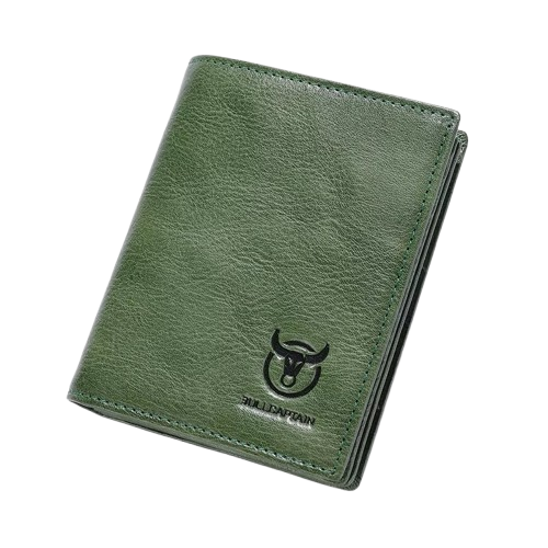 portefeuille homme en cuir vert au design élégant et sobre avec logo embossé