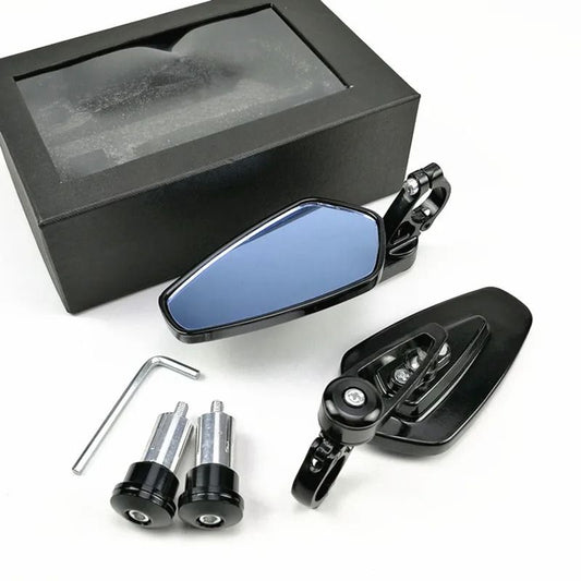 rétroviseur pliable moto en aluminium noir monté sur guidon avec miroir bleu anti-reflet