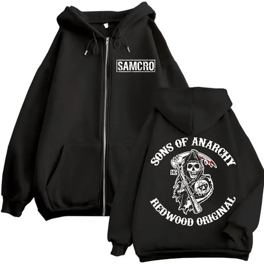 Sweat à capuche zippé Sons of Anarchy noir, logo SAMCRO et Faucheuse, style biker.