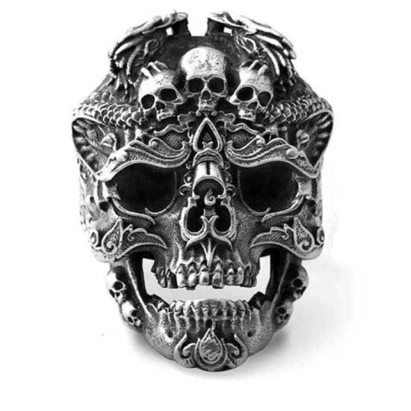Bague biker en argent massif pour homme et femme avec têtes de mort et dragons sculptés