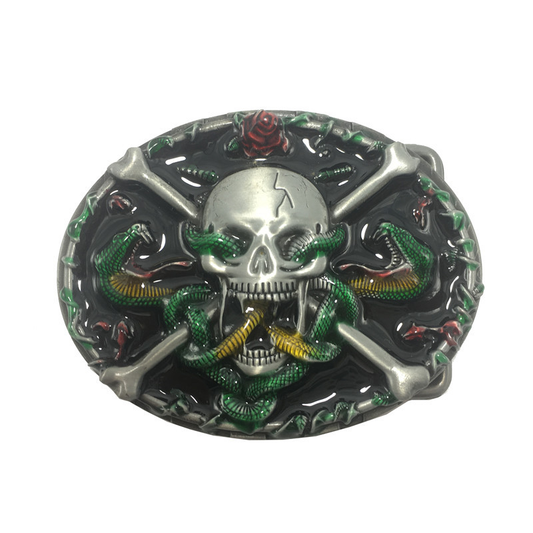 Boucle de ceinture biker tête de mort avec serpents et croix en métal sculpté – style gothique rebelle