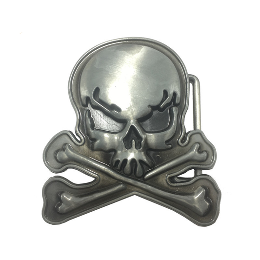 Boucle de ceinture métal tête de mort style biker avec os croisés en relief, finition patinée
