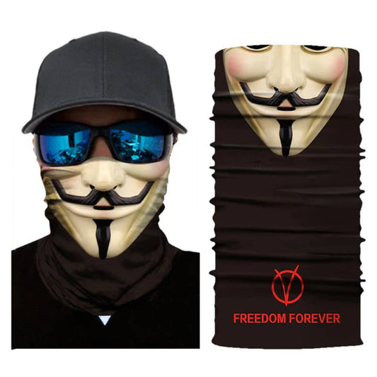 cache-cou moto Anonymous, motif masque Guy Fawkes, respirant et extensible, protection vent et poussière, style rebelle, compatible casque moto