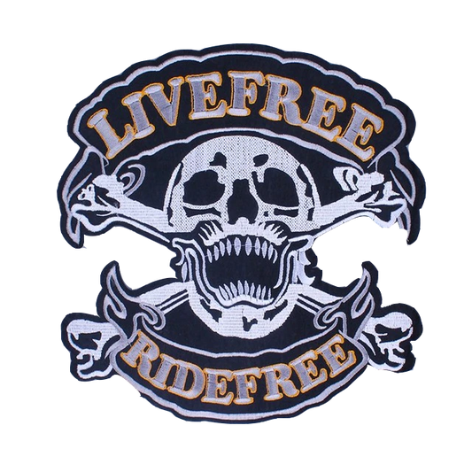 Écusson biker tête de mort pirate brodé 3D avec texte Live Free Ride Free à coudre sur veste moto