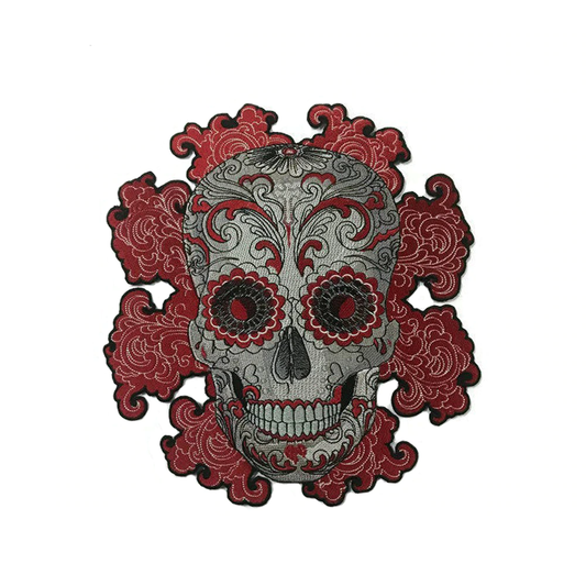 Ecusson brodé 3D tête de mort mexicaine rouge et noir à coudre sur veste ou sac style biker