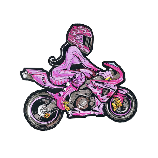 Ecusson brodé 3D motarde sur moto rose pour vestes et sacs biker