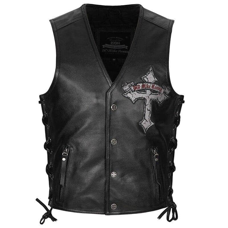 Gilet biker en cuir de vachette noir modèle "Live Fast" avec motifs brodés, boutons-pression et coupe ajustée pour homme