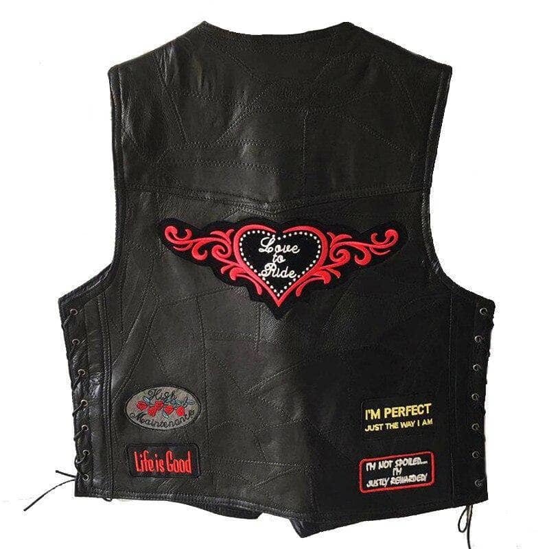 Gilet biker en cuir pour femme avec patchs brodés et fermeture bouton-pression