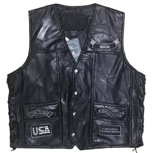 Gilet biker pas cher en simili cuir avec patchs brodés et boutons pression