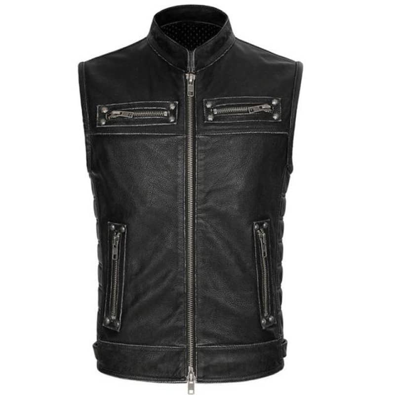 Gilet biker homme en cuir de vachette noir avec fermetures éclair robustes et poches extérieures pour motard