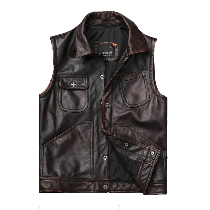 Gilet biker en cuir marron avec boutons, coupe classique et poches multiples