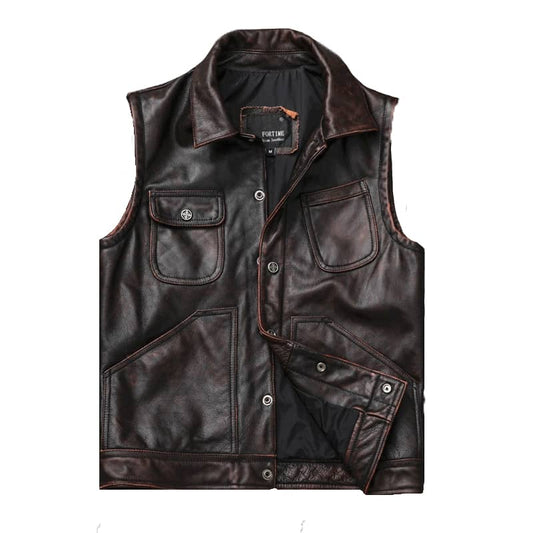 Gilet biker en cuir marron avec boutons, coupe classique et poches multiples