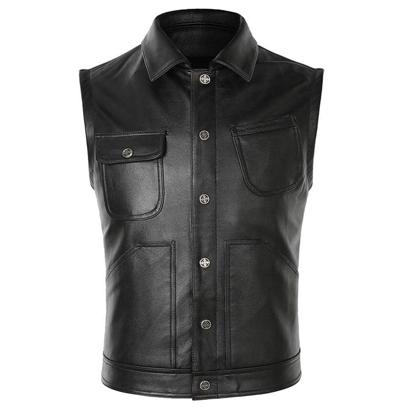 Gilet biker en cuir de vachette semi-épais pour homme, fermeture à boutons métalliques et poches multiples