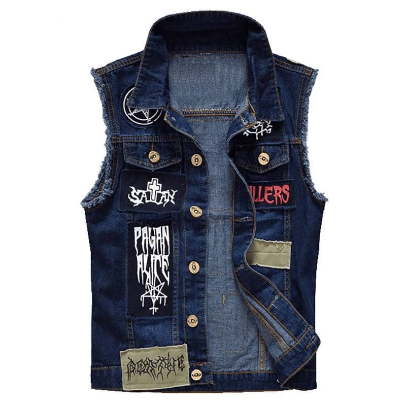 Gilet biker pour homme en jean denim bleu avec patchs brodés, boutons métalliques et coupe sans manche style rock