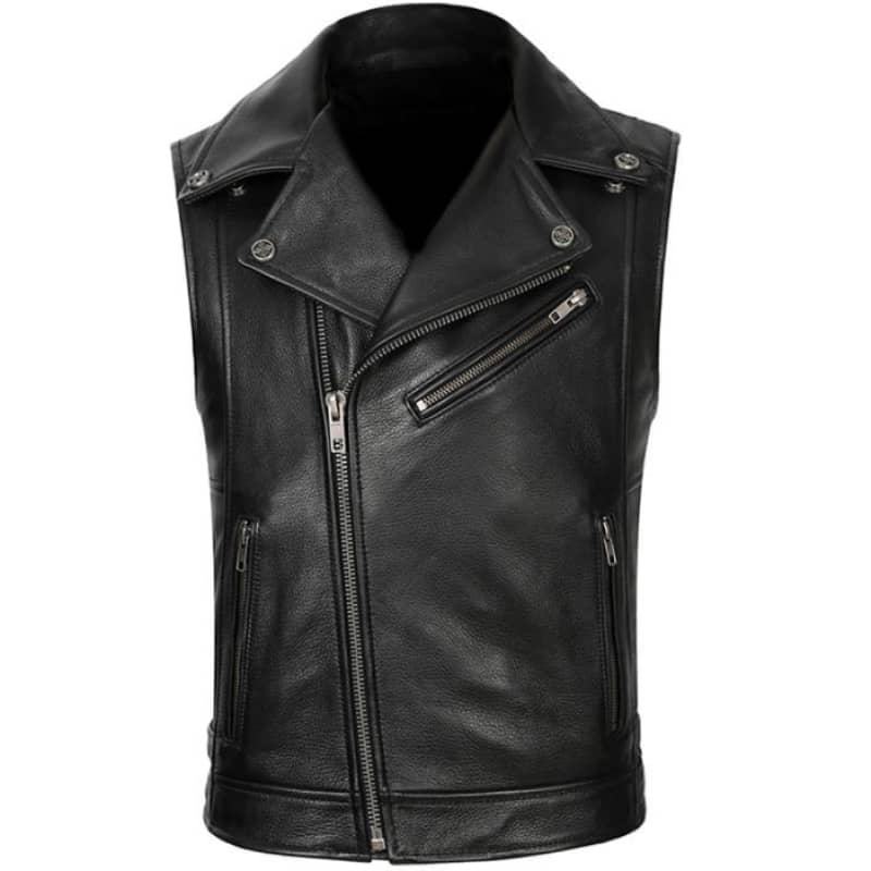 Gilet motard pour homme en cuir de vachette noir avec poches et coutures renforcées