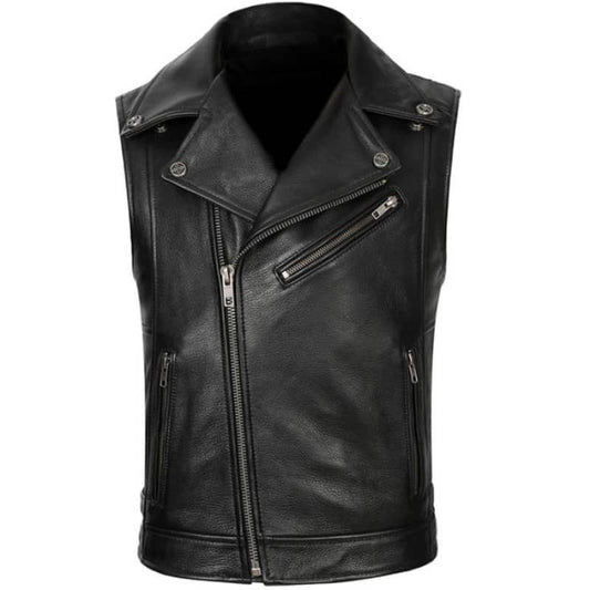Gilet motard pour homme en cuir de vachette noir avec poches et coutures renforcées