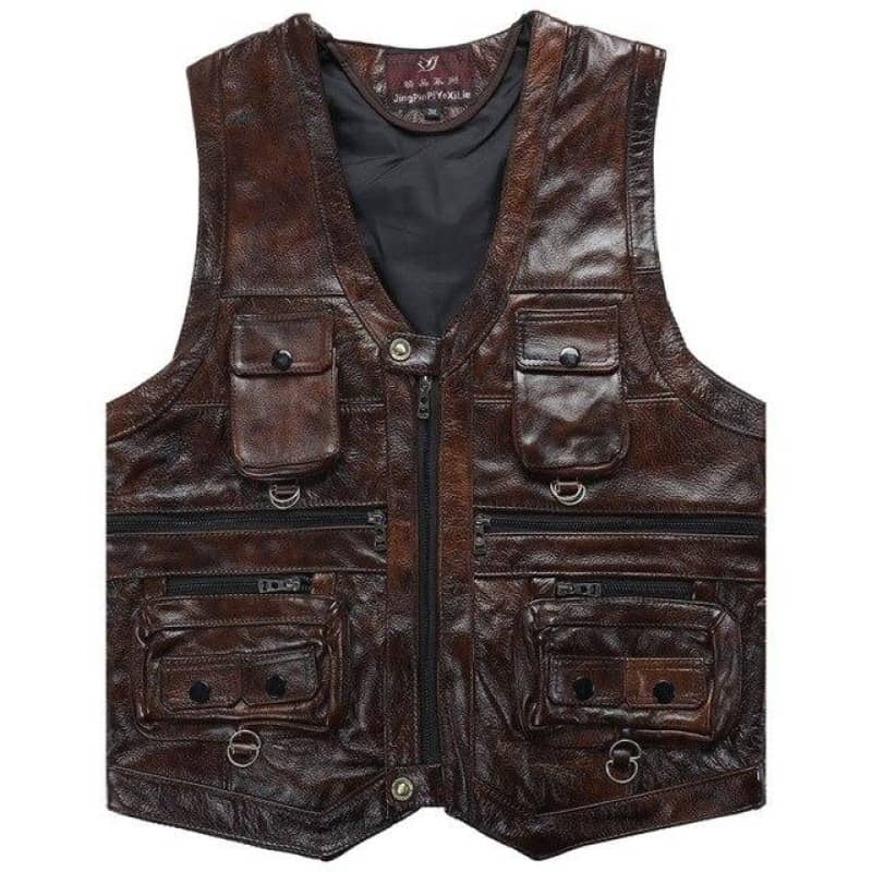 Gilet sans manche pour homme en cuir de vachette marron, fermeture éclair et poches multiples