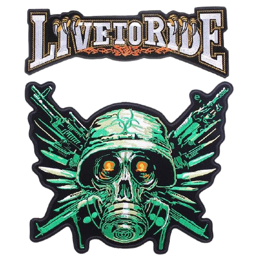 Patch biker brodé 3D skull casque et armes avec texte LIVE TO RIDE pour veste ou gilet moto