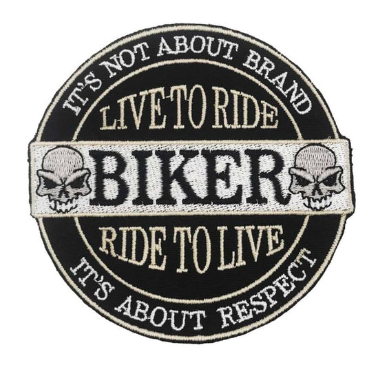 Patch biker brodé 3D avec slogan live to ride et têtes de mort à coudre sur veste motard