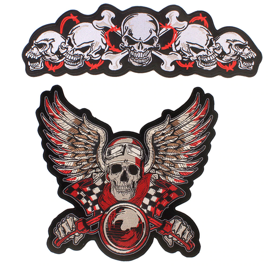 Patch biker tête de mort brodé 3D à coudre sur veste, sac ou gilet moto, style rebelle avec finition textile de qualité supérieure