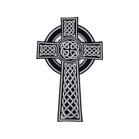 Patch biker brodé 3D représentant une croix celtique noire et blanche à coudre sur veste ou sac