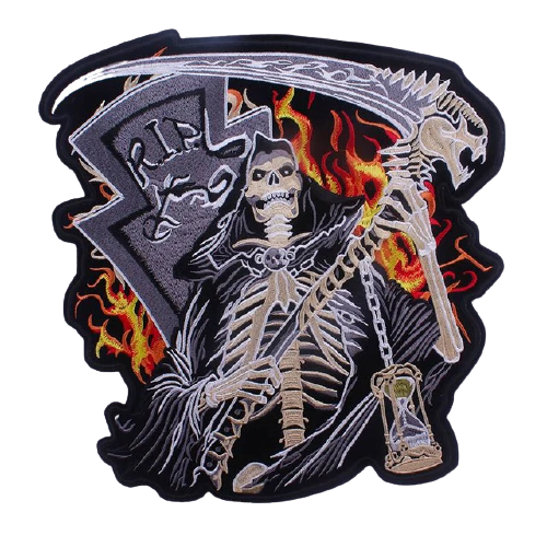 Patch biker faucheuse brodé en 3D avec flammes et faux, à coudre sur veste moto