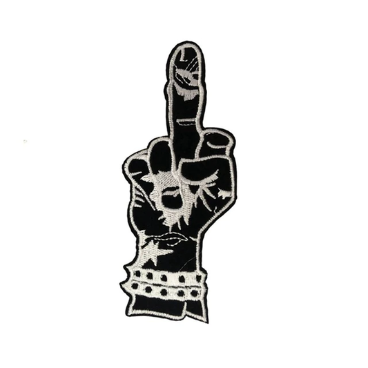 Patch biker main fuck you brodé 3D noir blanc à coudre