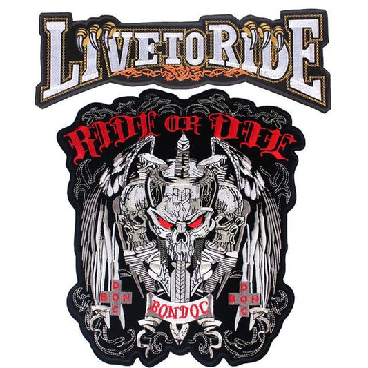 Patch biker brodé 3D Ride or Die à coudre sur veste ou sac, visuel crâne ailé et épée, style motard