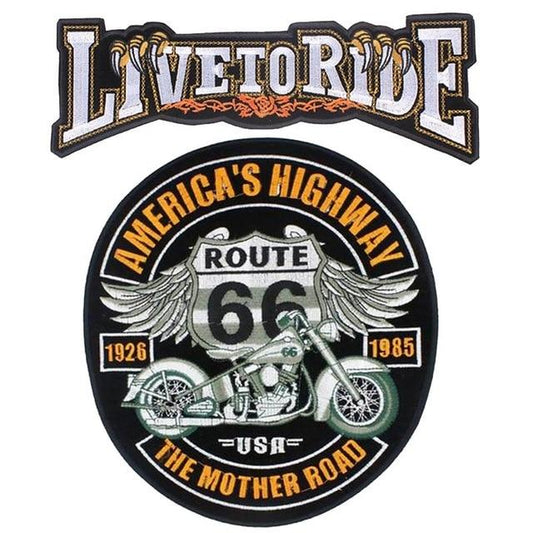 Patch biker Route 66 brodé en 3D avec moto custom et ailes, design vintage pour veste ou blouson moto