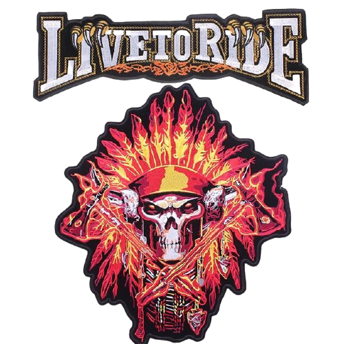 Patch brodé biker 3D grand format à coudre avec crâne indien en flammes et slogan Live to Ride