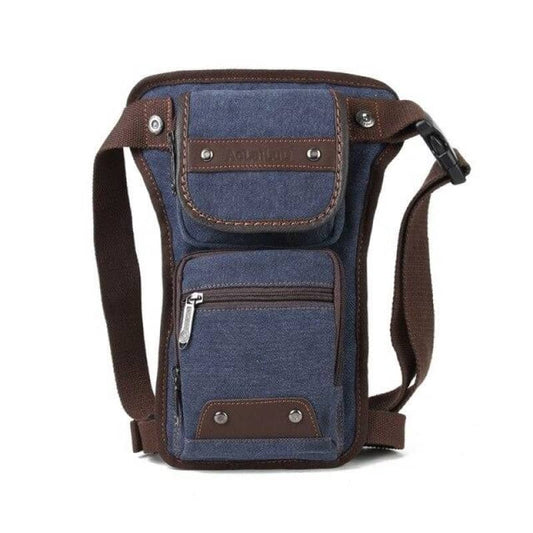 sacoche de jambe moto unisexe en nylon et polyester imperméable avec sangles réglables, fermeture zippée et bouton-pression, disponible en bleu marine, marron, beige et bleu clair