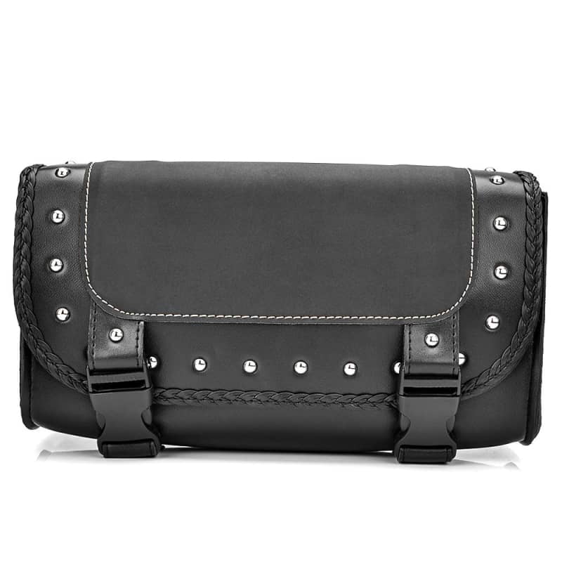 Sacoche de fourche moto custom noire en cuir PU avec clous métalliques décoratifs