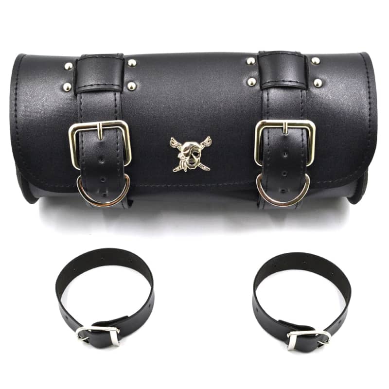 Sacoche de selle moto en cuir PU noir avec tête de mort chromée et sangles de fixation