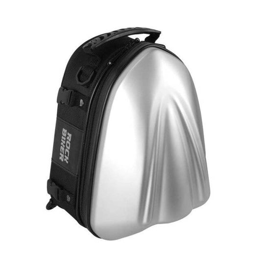 Sacoche rigide moto RockBiker en coque argentée, forme aérodynamique pour trajets longue distance