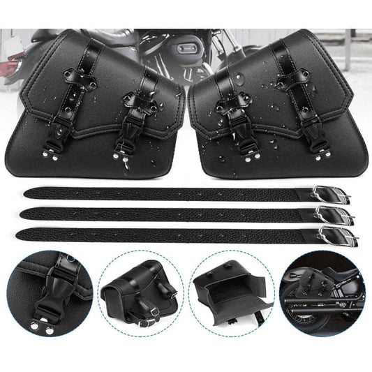 Sacoches cavalières moto en cuir noir vintage avec boucles, look classique et étanche pour custom
