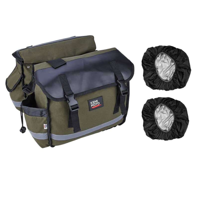Sacoches cavalières moto vertes imperméables Kemimoto avec housses de pluie, design fonctionnel pour touring