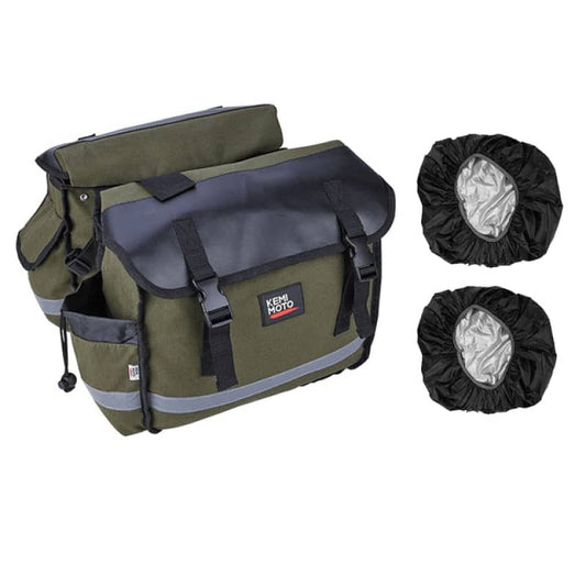 Sacoches cavalières moto vertes imperméables Kemimoto avec housses de pluie, design fonctionnel pour touring