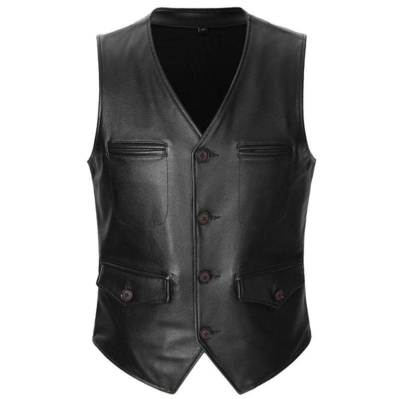Veste en cuir sans manche pour homme avec fermeture à boutons, cuir de vachette véritable style biker et rock.