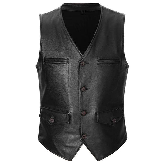 Veste en cuir sans manche pour homme avec fermeture à boutons, cuir de vachette véritable style biker et rock.