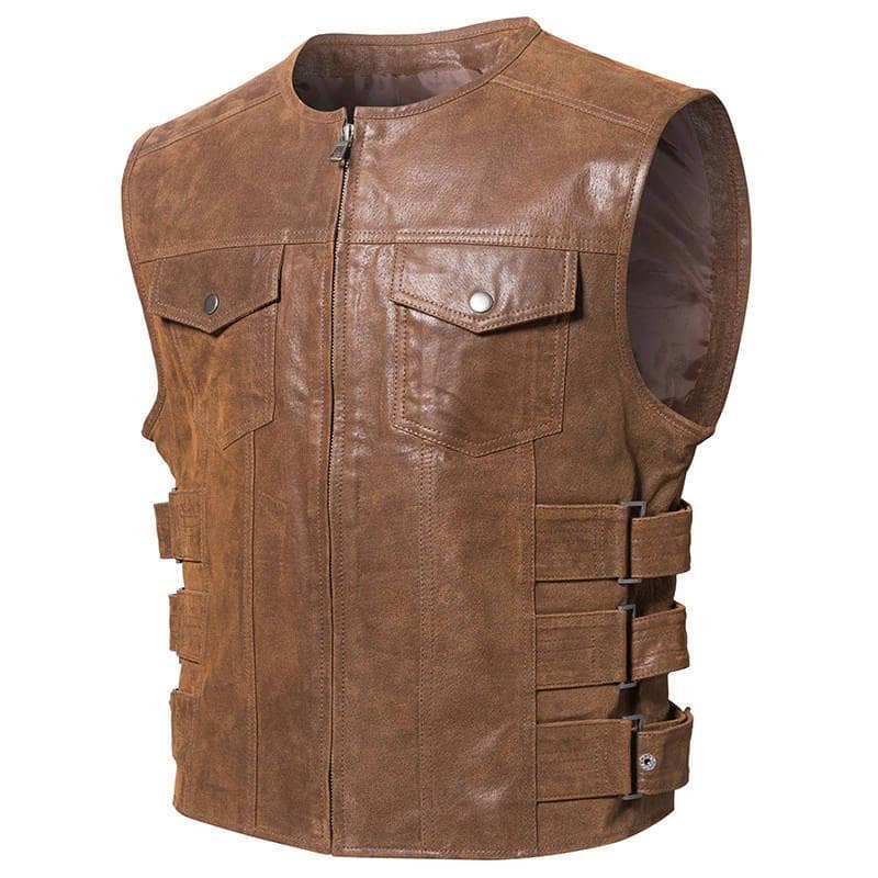 Veste biker sans manche pour homme en cuir de vachette avec fermeture éclair, disponible en noir et marron.