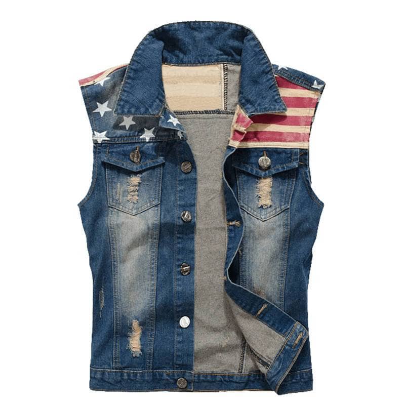 Gilet jean biker homme en denim bleu avec drapeau américain au dos.