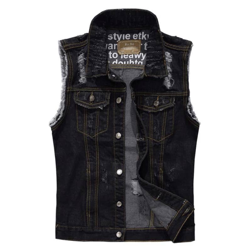 Gilet biker pour homme en jean bleu denim avec effets déchirés aux épaules, fermeture à boutons et coupe sans manche
