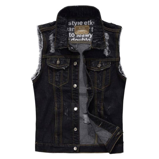 Gilet biker pour homme en jean bleu denim avec effets déchirés aux épaules, fermeture à boutons et coupe sans manche