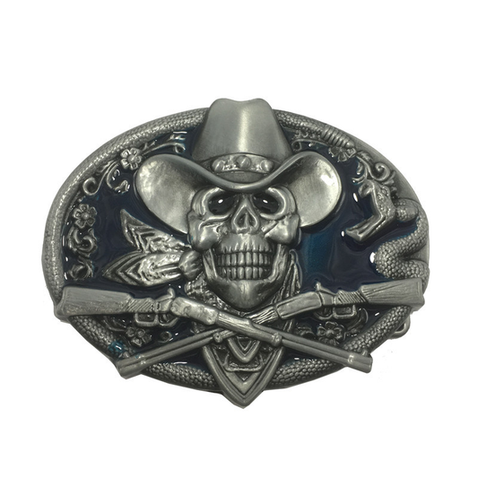 Boucle de ceinture western avec tête de mort cowboy, fusils et serpent en alliage de zinc