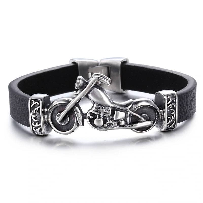 Bracelet biker homme avec moto en acier et cuir d'agneau noir