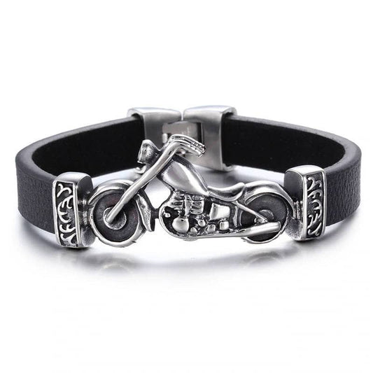 Bracelet biker homme avec moto en acier et cuir d'agneau noir