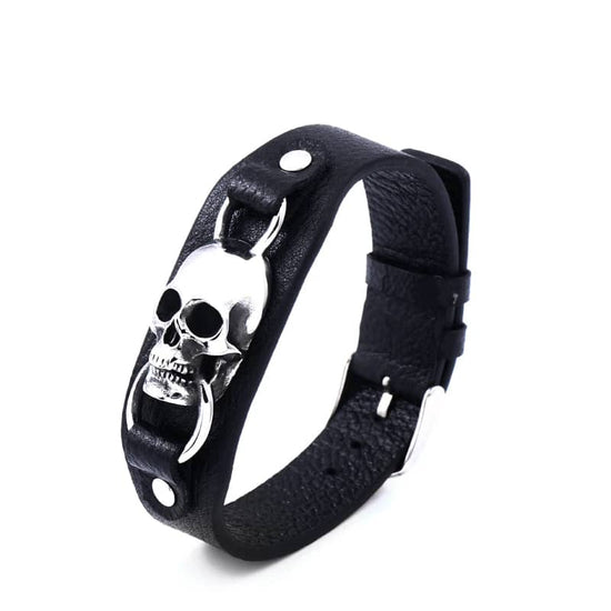 Bracelet gothique en cuir noir avec tête de mort en acier inoxydable pour homme et femme