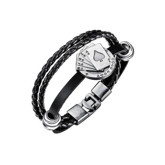 Bracelet cuir noir homme style biker avec motif cartes en acier inoxydable
